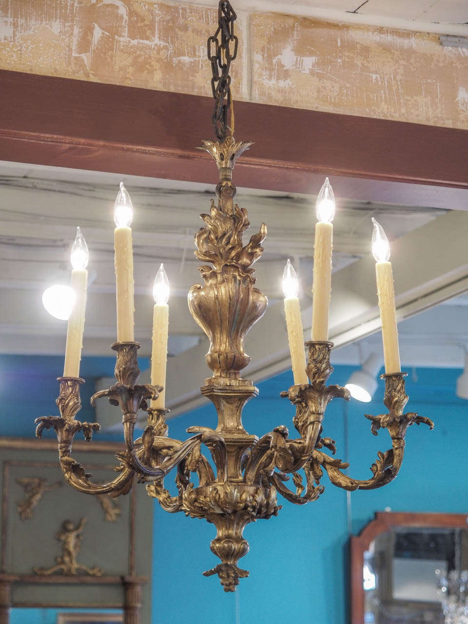 19th century French gilt bronze six-light chandelier in the rococo Louis XV taste, 