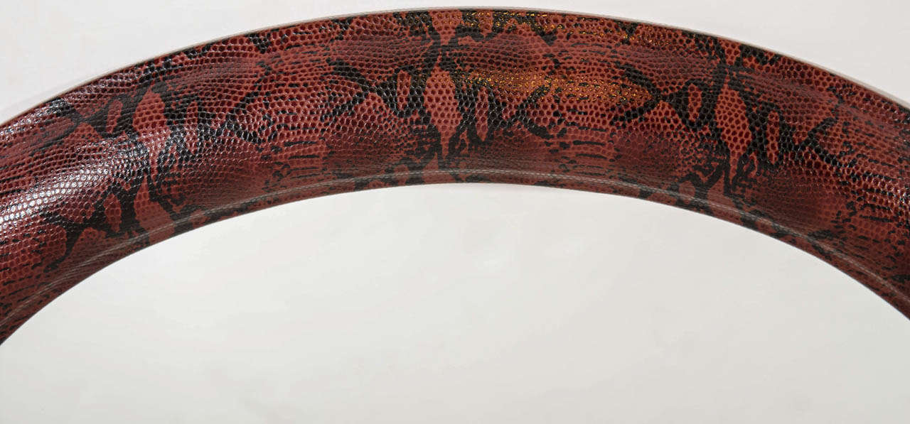 Hand-Carved Mid-Century Modern Red Snakeskin Mirror in Embossed Leather
