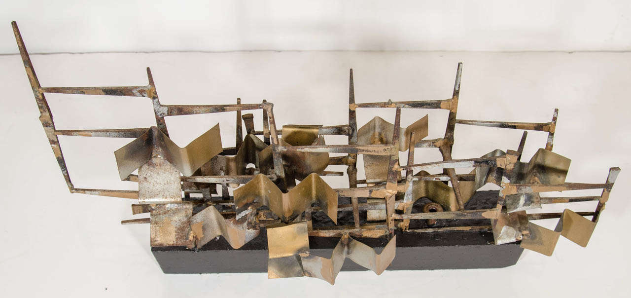Brushed Mid-Century Mixed Metal Brutalist Sculpture Attributed to Silas Seandel