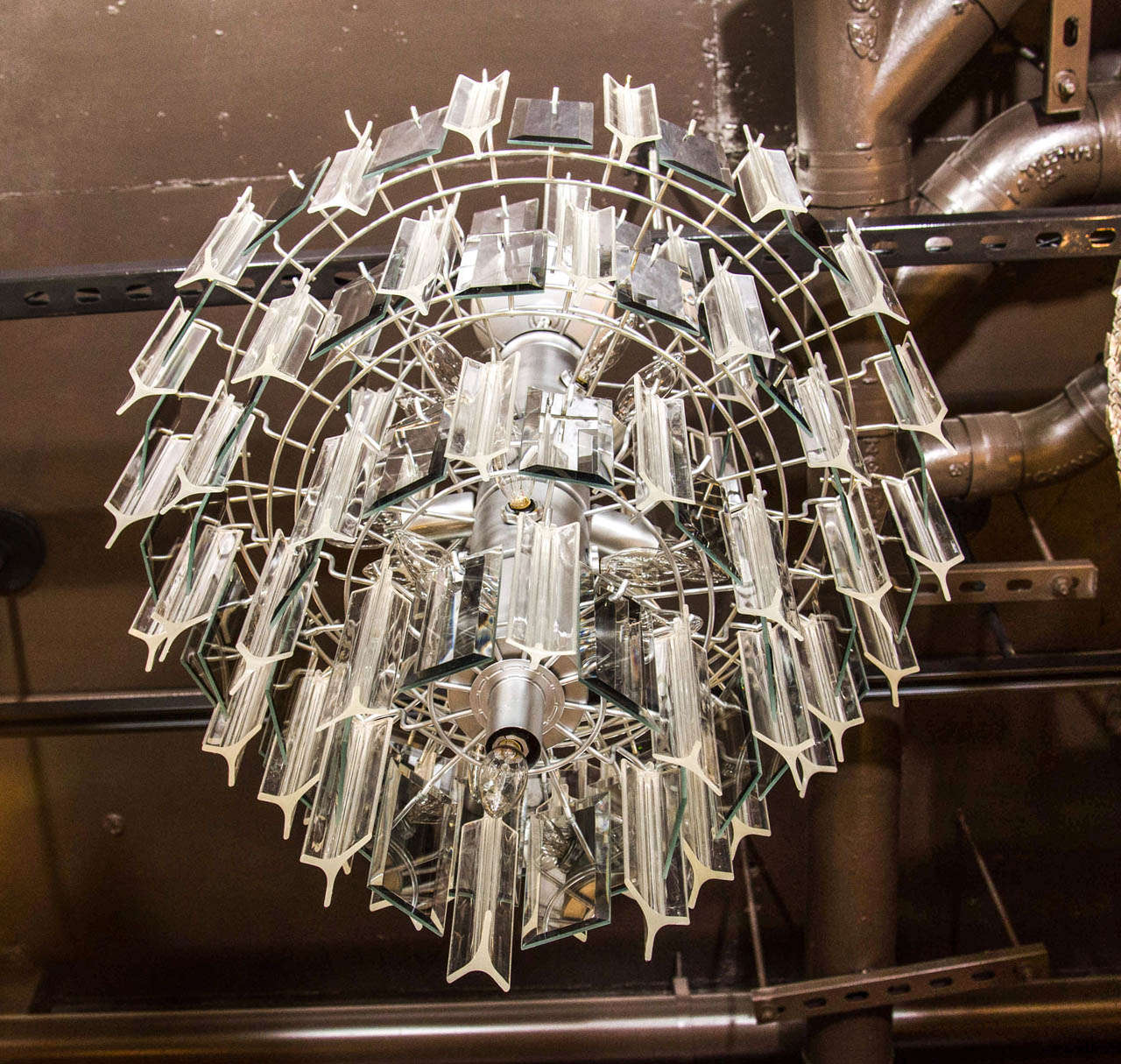 Italian Venini Style Multi-Tier Chandelier with Smoked Mirrored & Hand Beveled Glass Prisms