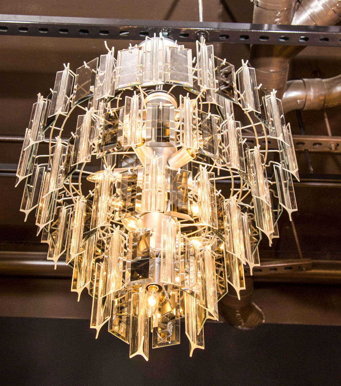 Venini Style Multi-Tier Chandelier with Smoked Mirrored & Hand Beveled Glass Prisms In Excellent Condition In Fort Lauderdale, FL