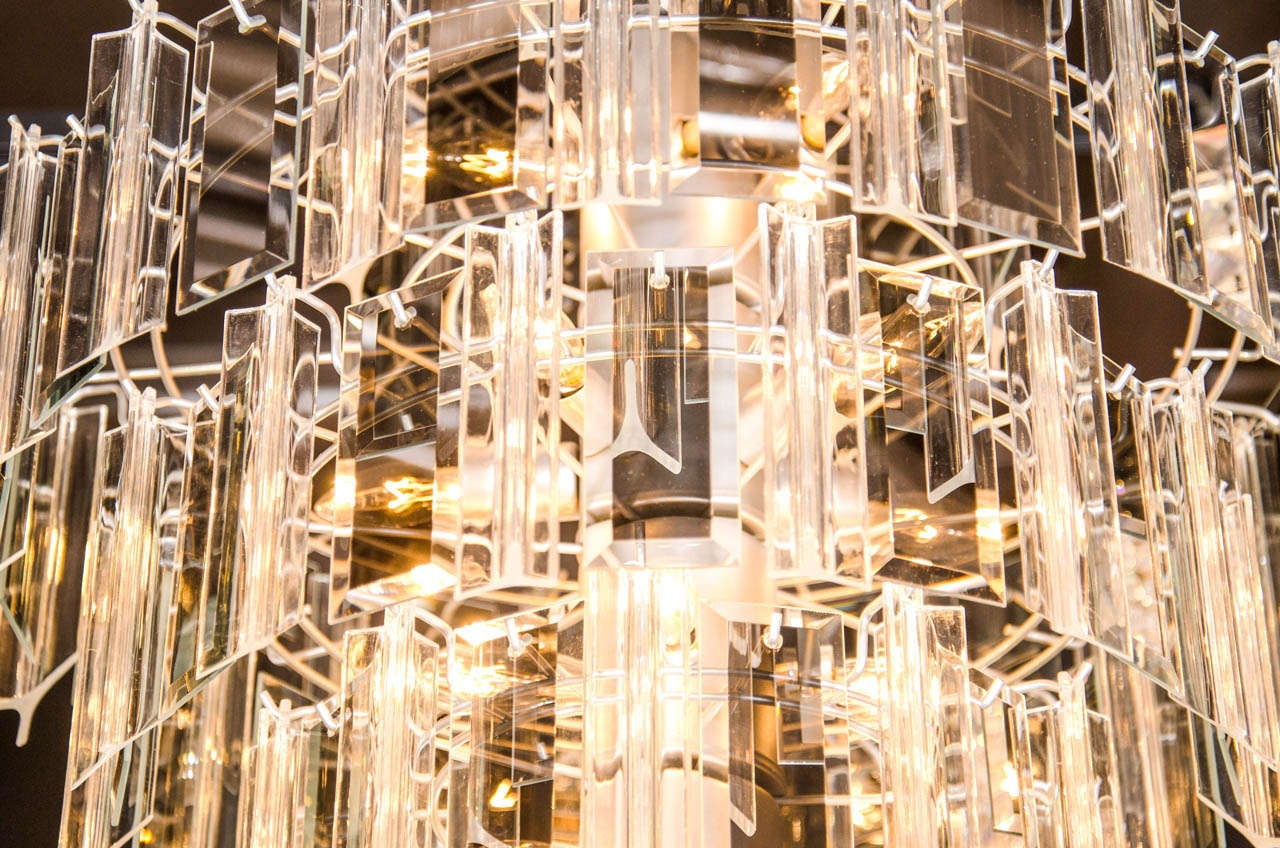 20th Century Venini Style Multi-Tier Chandelier with Smoked Mirrored & Hand Beveled Glass Prisms