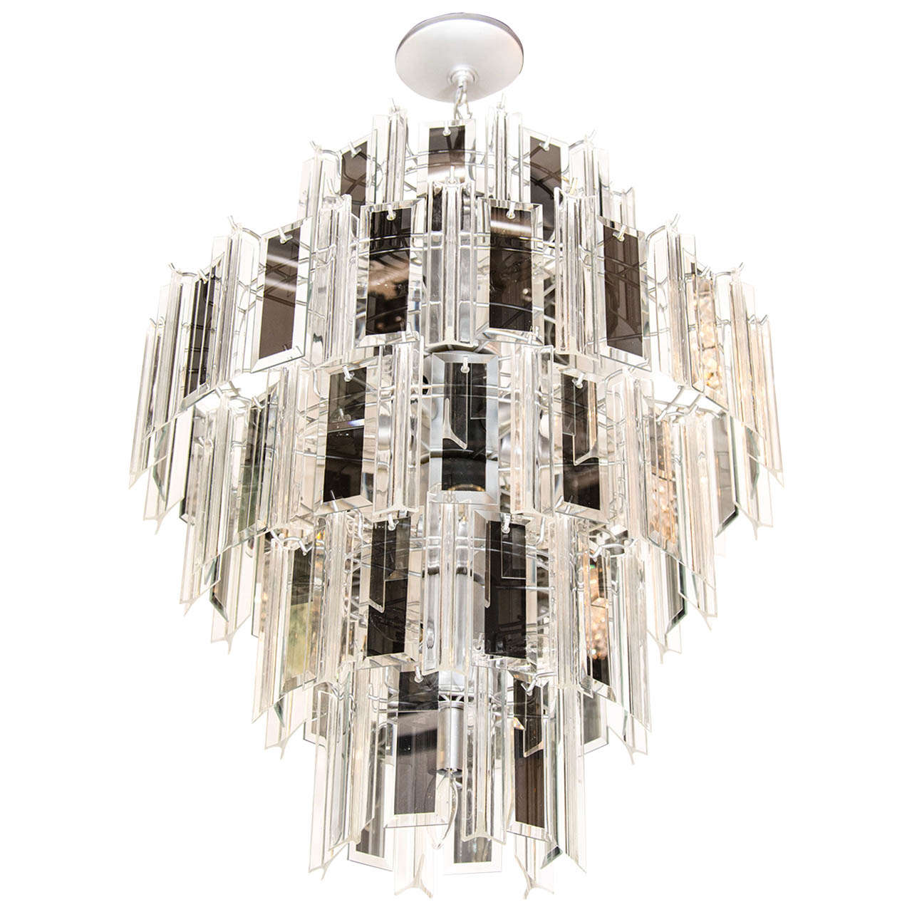 Venini Style Multi-Tier Chandelier with Smoked Mirrored & Hand Beveled Glass Prisms