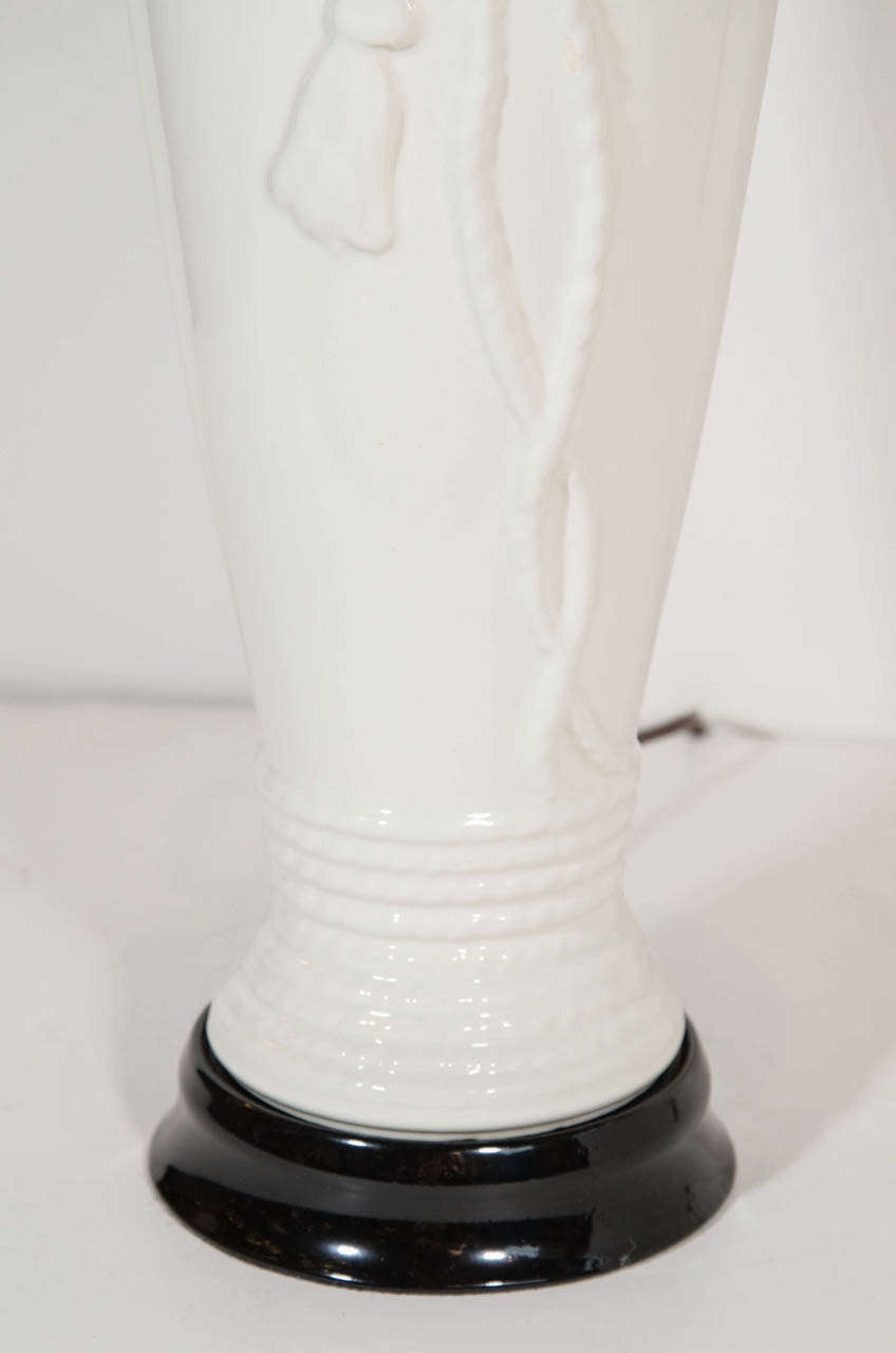 Glazed Hollywood Regency Porcelain Lamps with Rope & Tassel Design