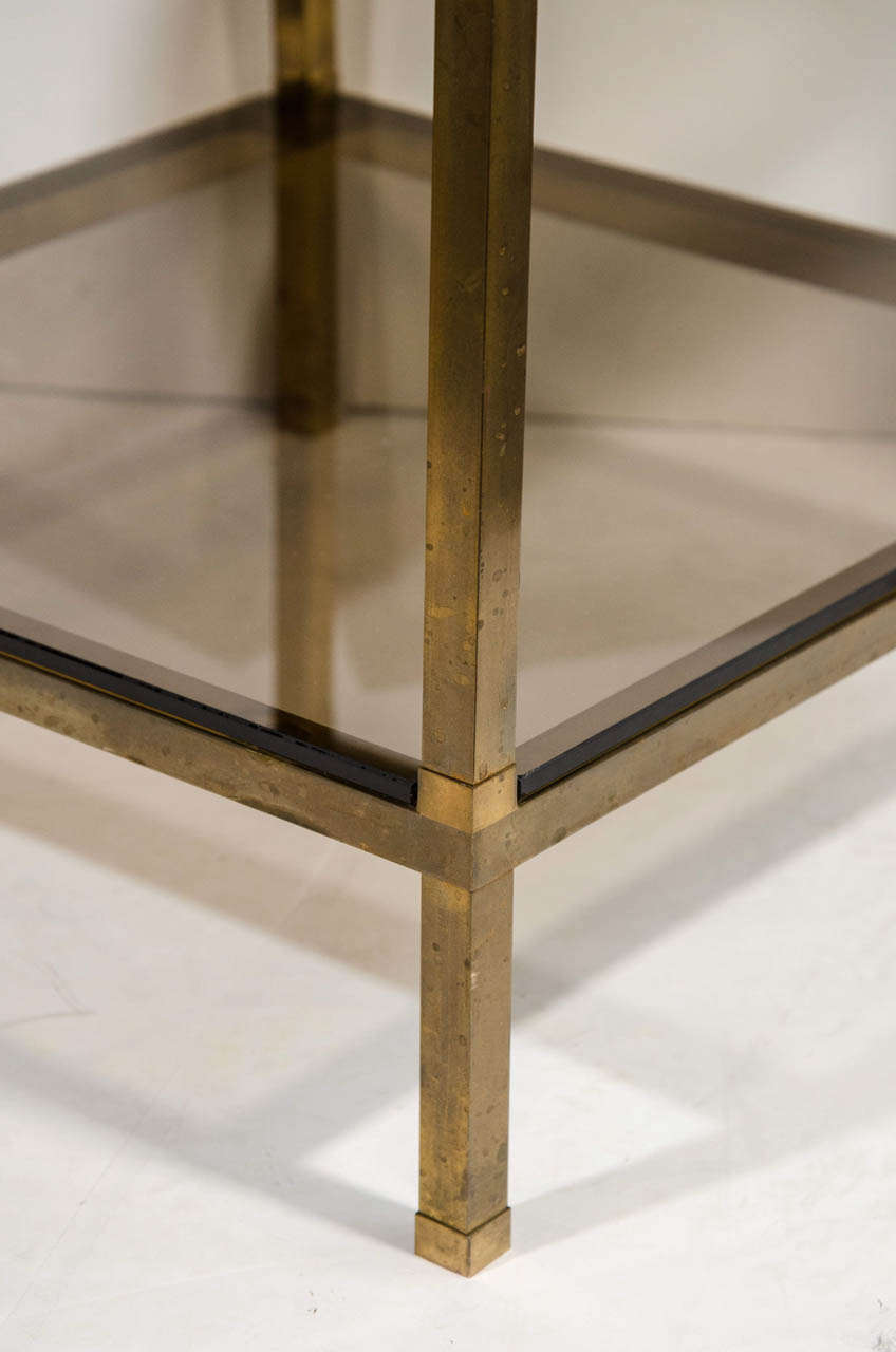 Mid-Century Modern Pair of Modern Brass & Smoked Glass End Tables Attributed to Guy Lefevre