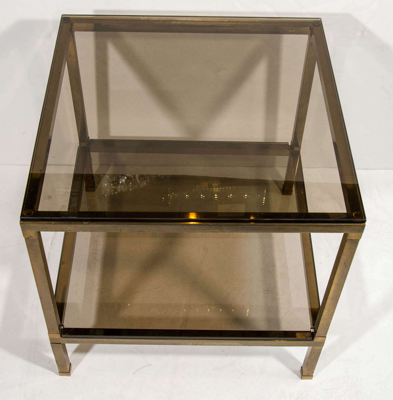 Pair of Modern Brass & Smoked Glass End Tables Attributed to Guy Lefevre In Excellent Condition In Fort Lauderdale, FL