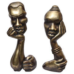 Pair of 1930s Sculptural Bronze Andirons