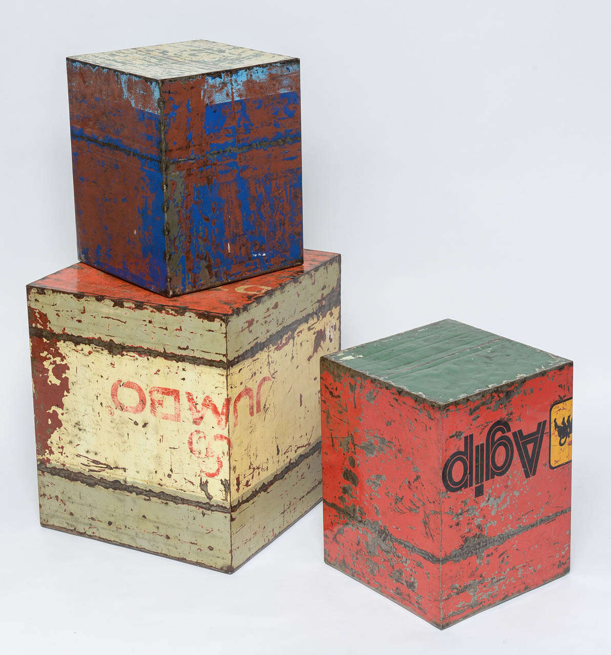 Midcentury Metal Signs Crafted into Cubes as Side Tables In Distressed Condition In Miami, Miami Design District, FL