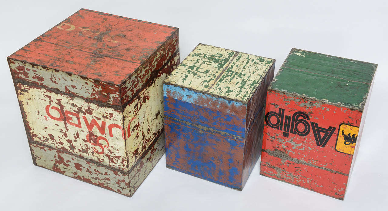 Midcentury Metal Signs Crafted into Cubes as Side Tables 3