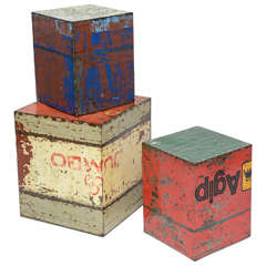 Midcentury Metal Signs Crafted into Cubes as Side Tables
