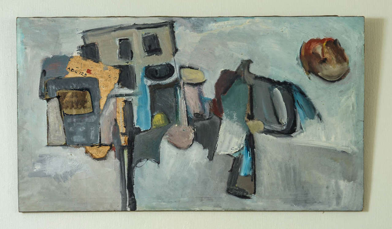 Oil on canvas depicting an abstract village in faded grey, black, brown, yellow and blue. Signed 'Albert Grosfeld '66'.

This work is one in a graphic expressionist style. The main colour is grey. One can see several buildings with 'secret lyics,