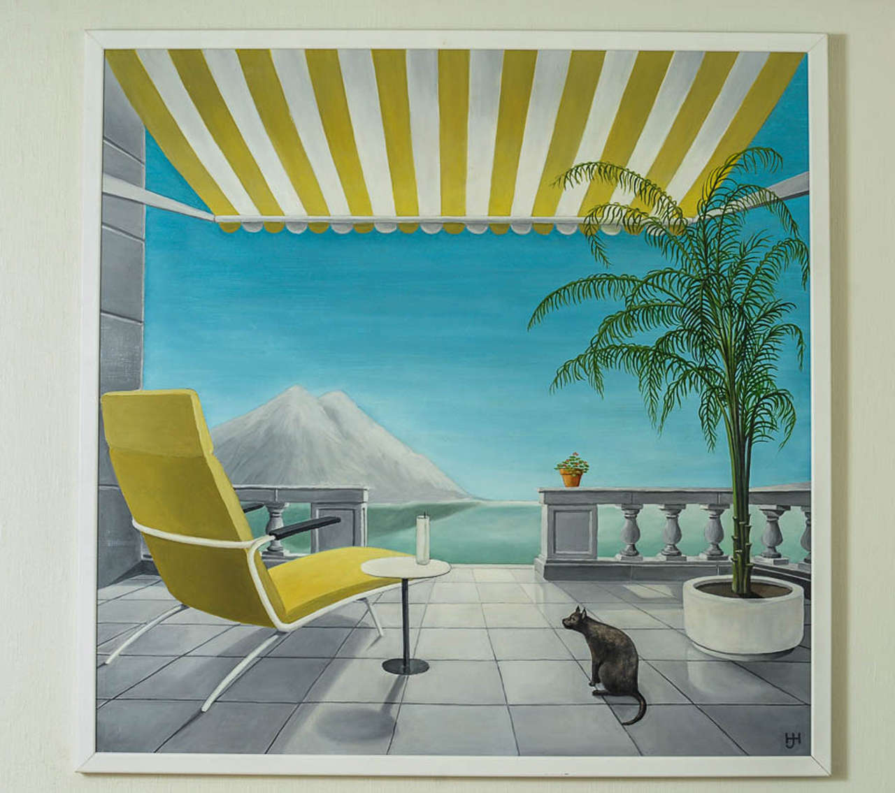 Marvelous painting by Jac. Haan, interior architect and former manager of the furniture department of the famous Dutch department store Metz en Co. 

The painting depicts a very relaxing site on the Mediterranean, in fresh blue, white and yellow