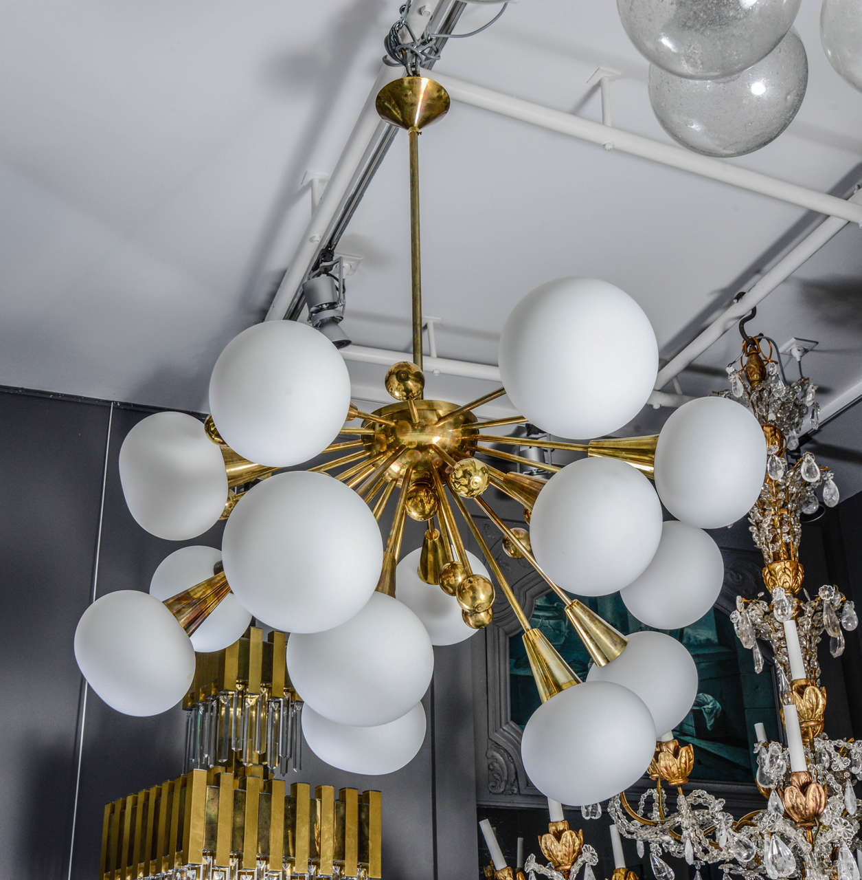 Pair of Half Sputnik Brass and Murano Glass Chandeliers