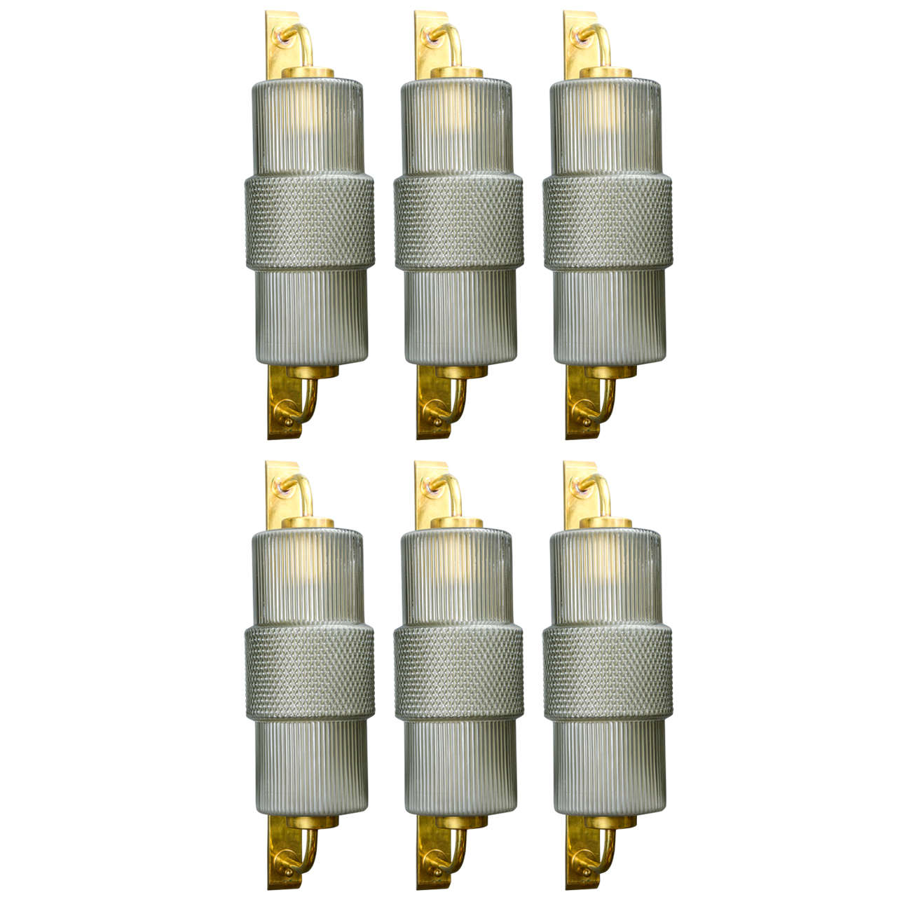 Nice Set of Six Brass and Grey Murano Glass Wall Sconces