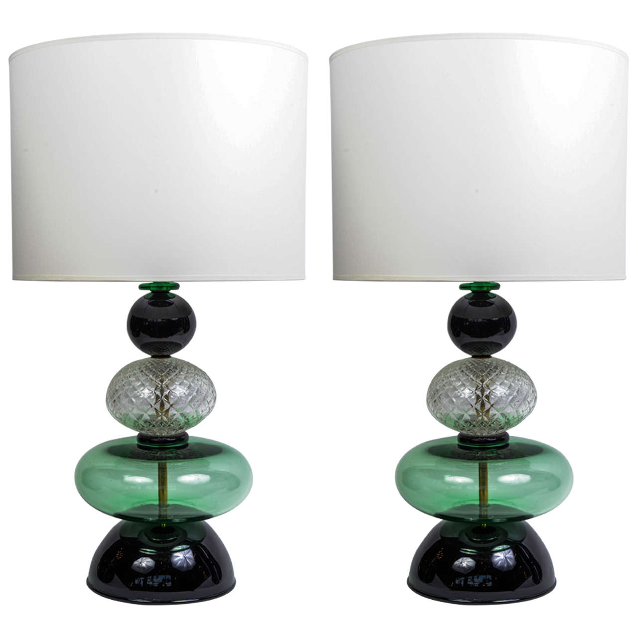 Elegant Pair of Green Murano Glass Lamps
