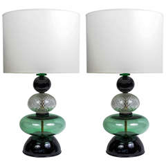 Elegant Pair of Green Murano Glass Lamps