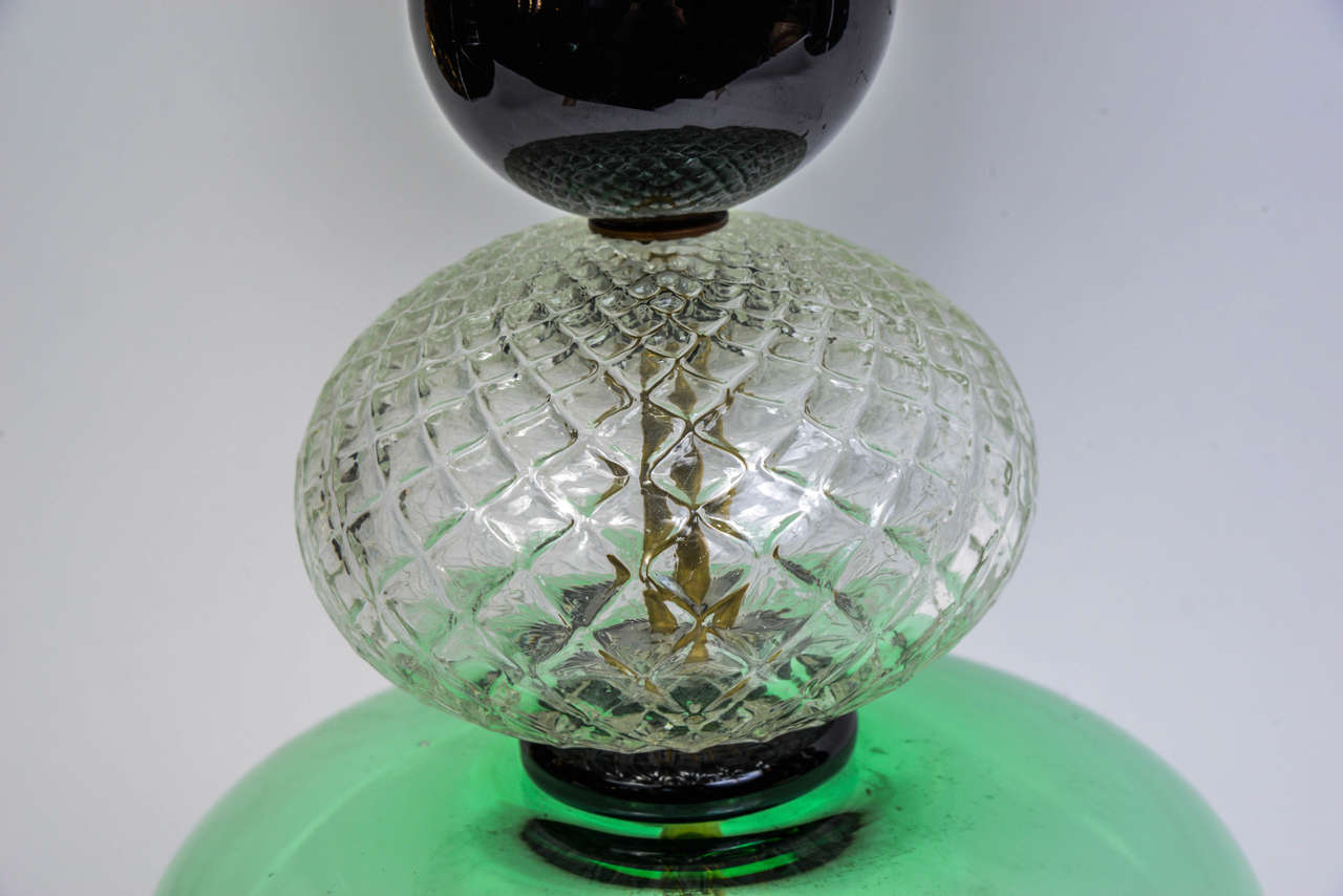 Brass Elegant Pair of Green Murano Glass Lamps