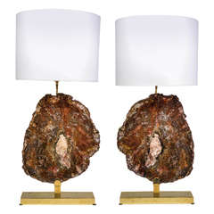 Stunning Pair of Bronze and Petrified Wood Lamps