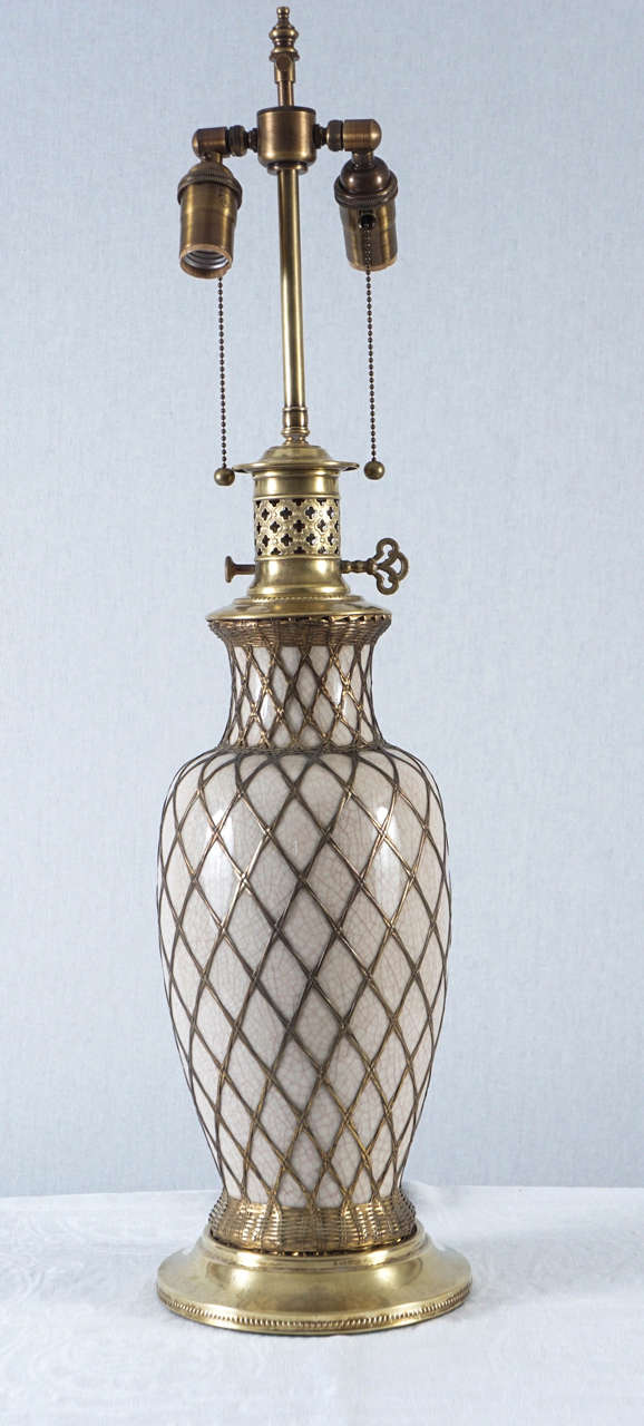Napoleon III French Brass Wire Wrapped Porcelain Vases Mounted as Oil Lamps
