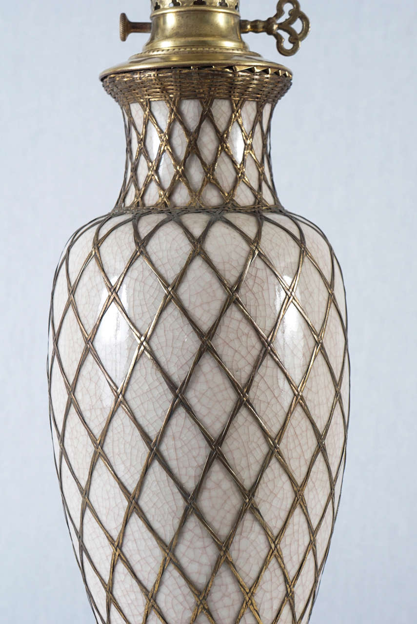 French Brass Wire Wrapped Porcelain Vases Mounted as Oil Lamps In Excellent Condition In Hudson, NY