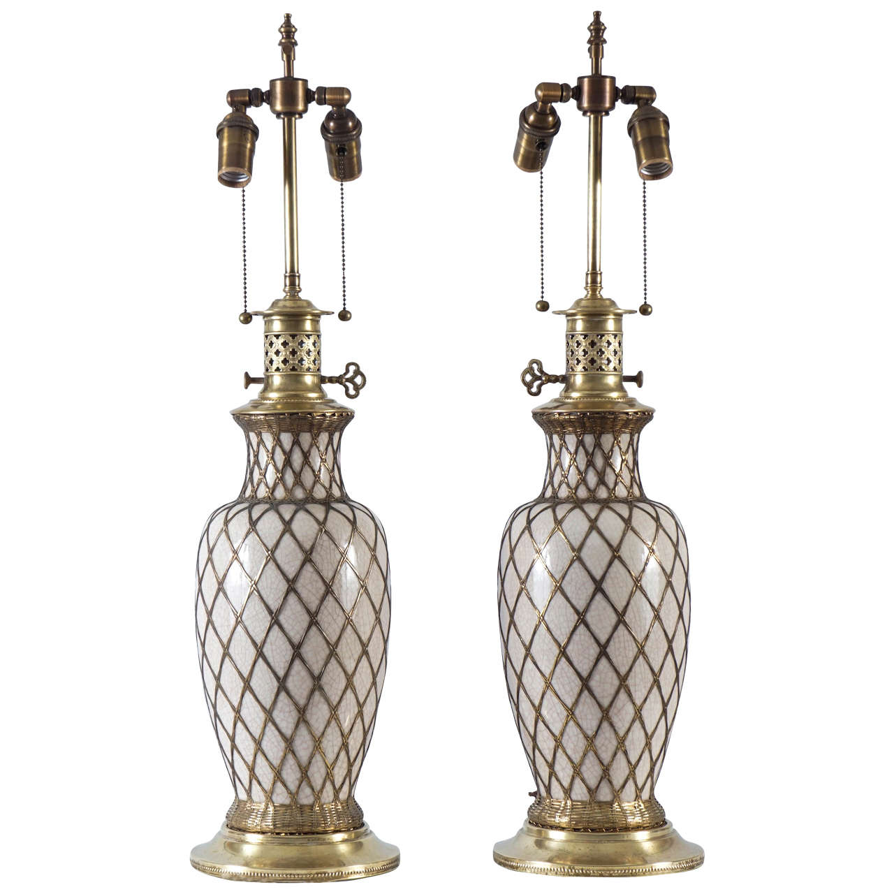 French Brass Wire Wrapped Porcelain Vases Mounted as Oil Lamps