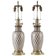 Retro French Brass Wire Wrapped Porcelain Vases Mounted as Oil Lamps