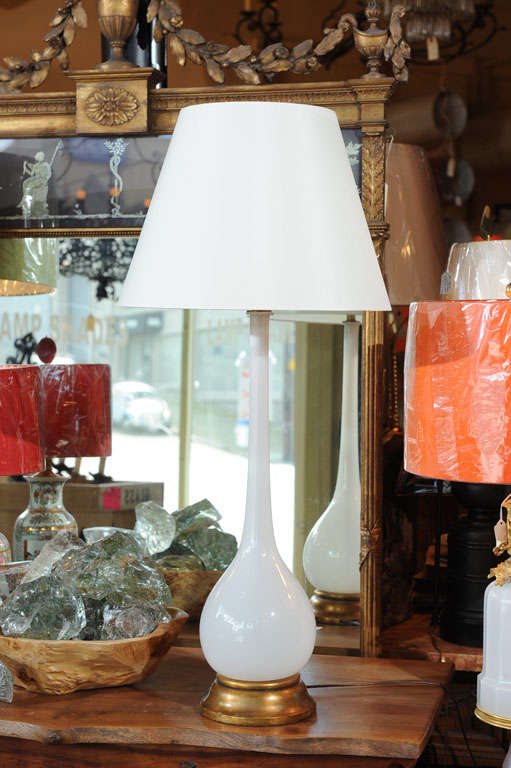 Hand blown Murano table lamp with gilt wood base.  Made by Archimeade Seguso.  Newly wired, excellent condition.  Shade and finial sold separately.