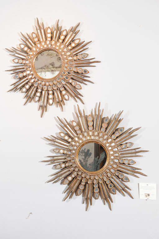 Pair of Hand Carved Quarantine Directoire Style Starburt Mirrors