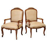 Pair of Walnut Louis XV Style Hand Carved Chairs