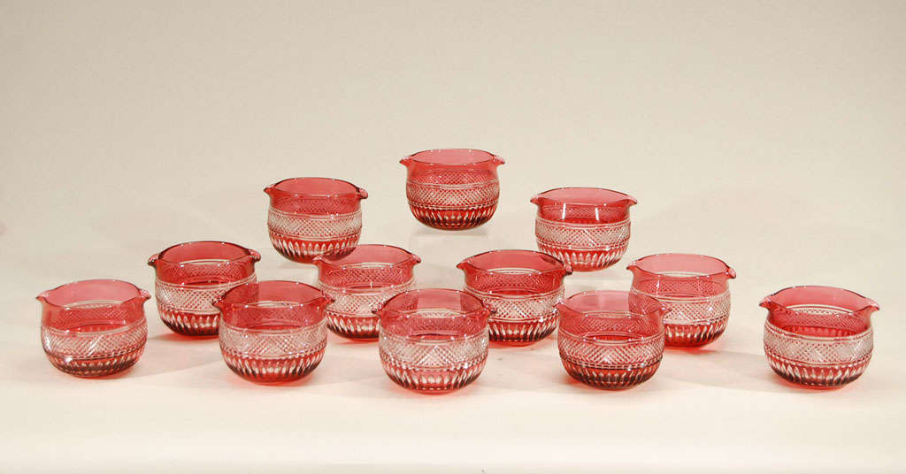 Unknown Set of 12 Cranberry Overlay Cut To Clear Crystal Wine Rinsers