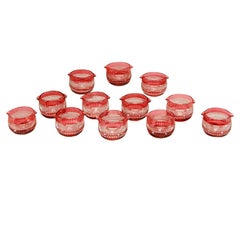 Set of 12 Cranberry Overlay Cut To Clear Crystal Wine Rinsers