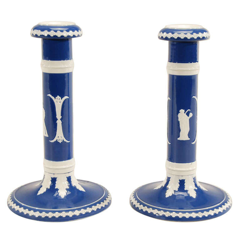 Pair of English Wedgwood-Style Porcelain Candlesticks