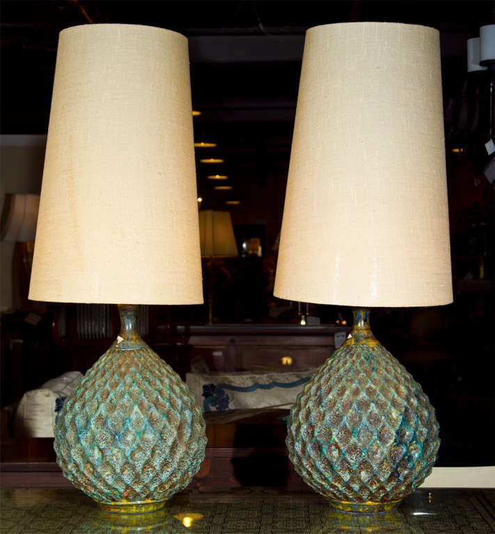Pair of attractive mid-century lamps, possibly ceramic, the greenish-blue vase shaped textured base, with tall cylinder linen shades. Fabulous.