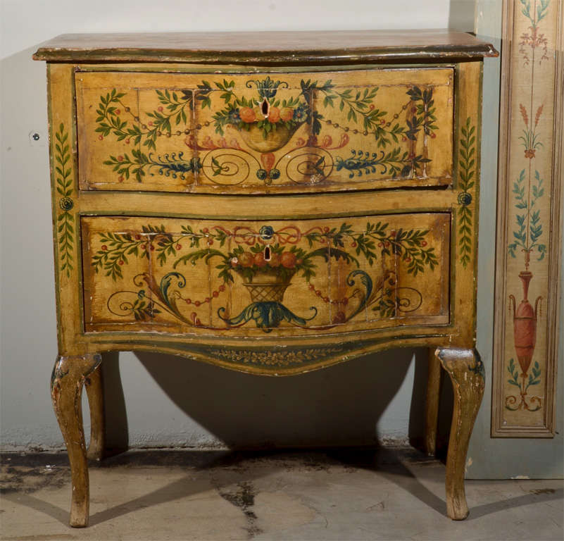 18th c Italian painted 2 drawer chest with faux marbre top