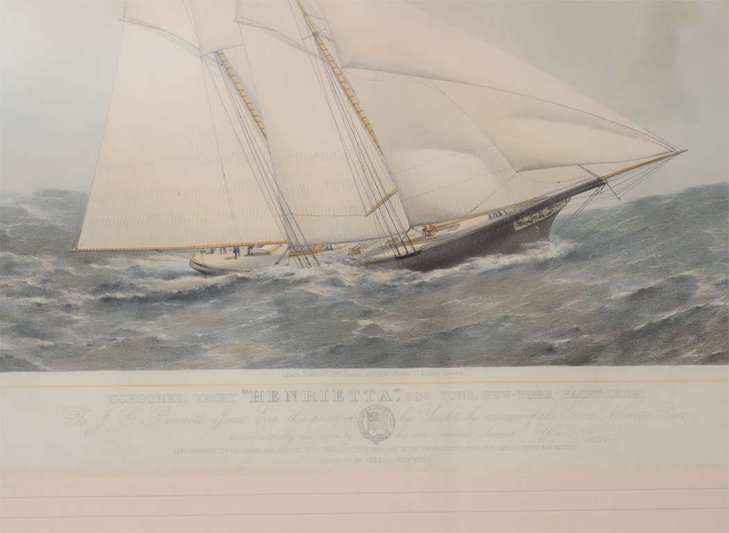 Near Pair of 19th Century Painted Lithographs of Yachts In Excellent Condition For Sale In Long Island City, NY