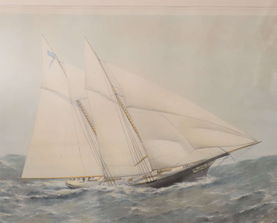 Mid-19th Century Near Pair of 19th Century Painted Lithographs of Yachts For Sale