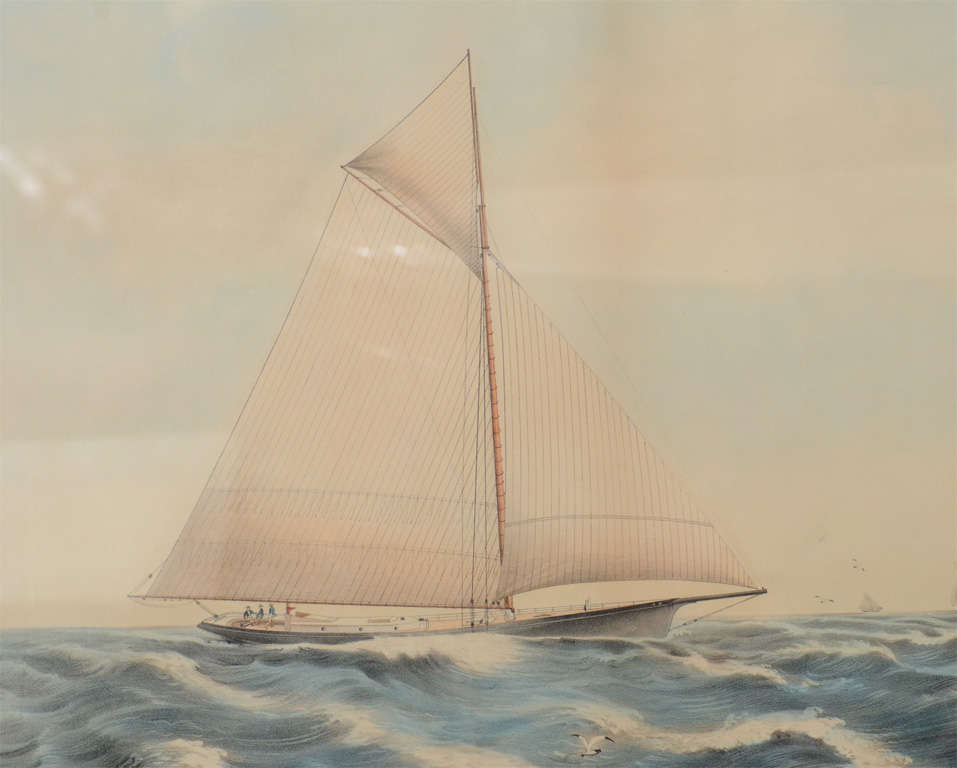 Near Pair of 19th Century Painted Lithographs of Yachts For Sale 2