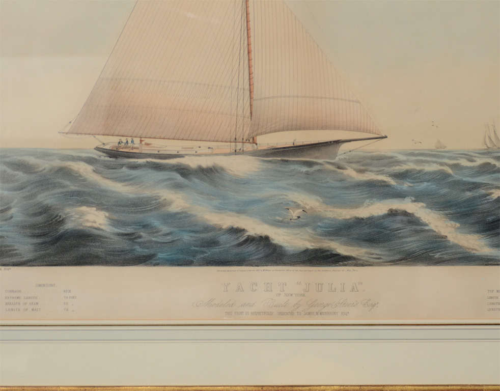Near Pair of 19th Century Painted Lithographs of Yachts For Sale 3