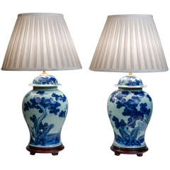 Pair of Blue and White Temple Jar Lamps
