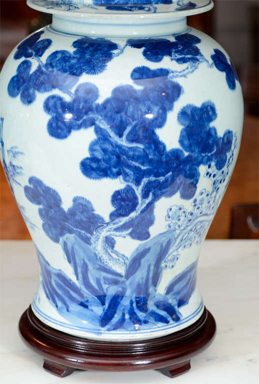 Chinese Pair of Blue and White Temple Jar Lamps