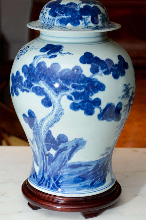 Pair of Blue and White Temple Jar Lamps In Excellent Condition In New York, NY