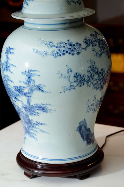 Porcelain Pair of Blue and White Temple Jar Lamps