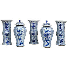 Vintage Five Piece Blue and White Porcelain Garniture Set