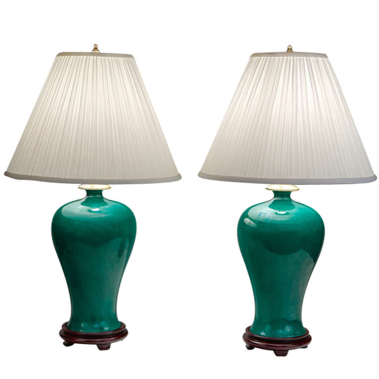 Pair of Green Porcelain Chinese Mei Ping Lamps