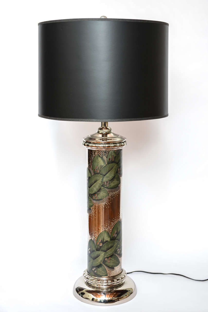 Hand painted mercury glass lamp attributed to Dorothy Draper for the Greenbriar Hotel.  Lamp measures 29 in. high to top of socket and 37.5 in. high to top of shade.  Black/silver paper shade (included) measures 12 in. high x 17 in.