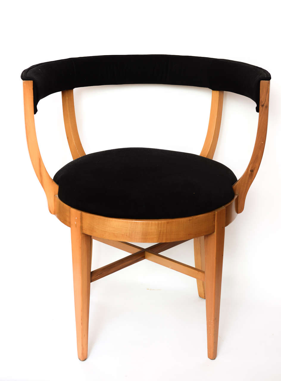 Art Deco Moderne chair of maple wood with ultra suede upholstery.  Reduced from $1,100.00.

Please feel free to contact us directly for a shipping quote or any additional information by clicking 