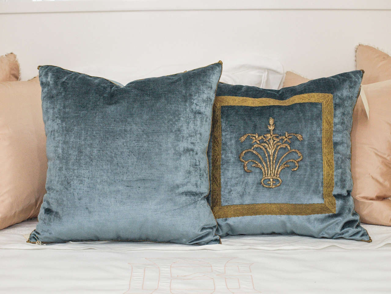 Antique Ottoman Empire raised gold metallic embroidery with metallic gold galon on a wedgewood blue velvet. Designed by Rebecca Vizard of B.VIZ Design. 