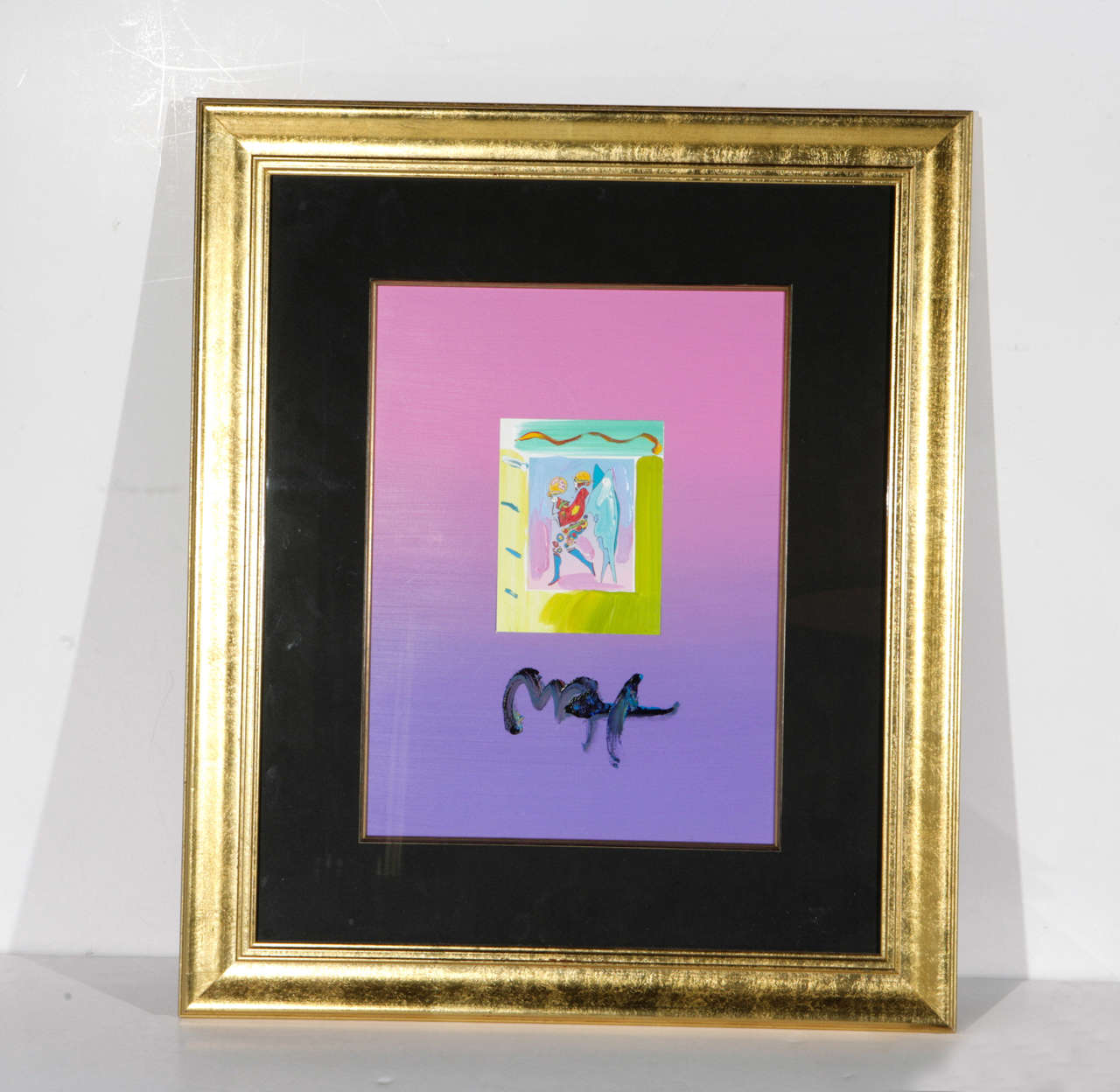 Peter Max framed artwork. Mixed-media, the drawing in the center is in pen then painted over in oil paint. The gradient background, as well as Peter Max's signature is in oil paint. There is a stamp on the bottom left corner of the inner drawing