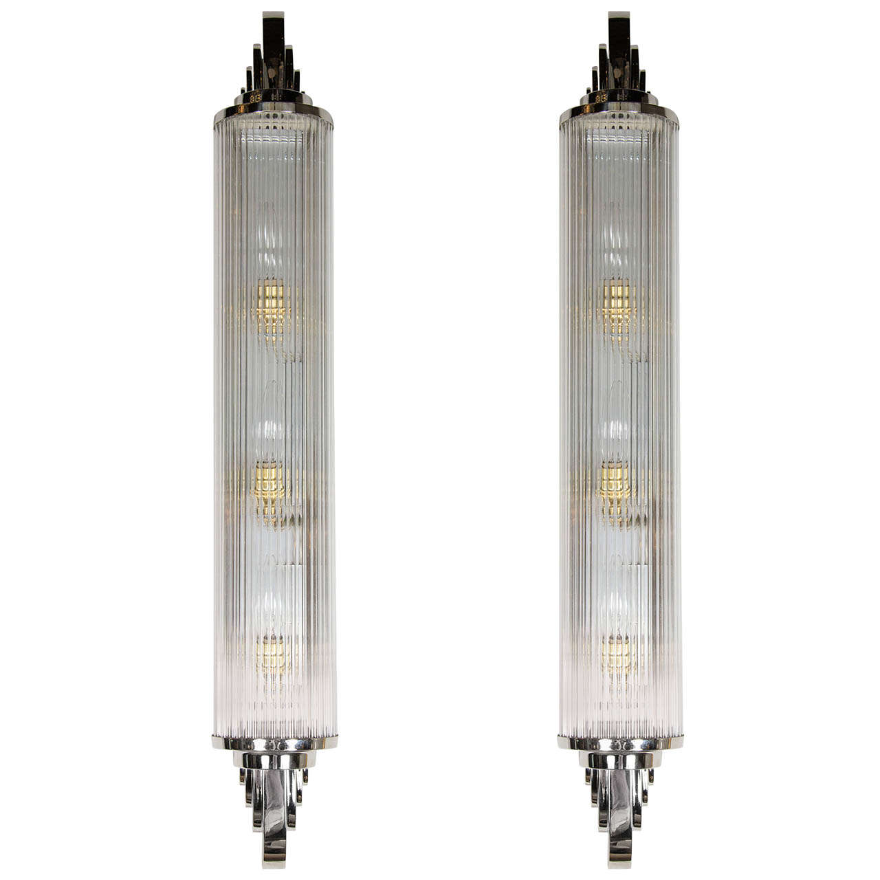 Pair of French Art Deco Skyscraper Style Sconces in Nickeled Bronze & Glass Rods