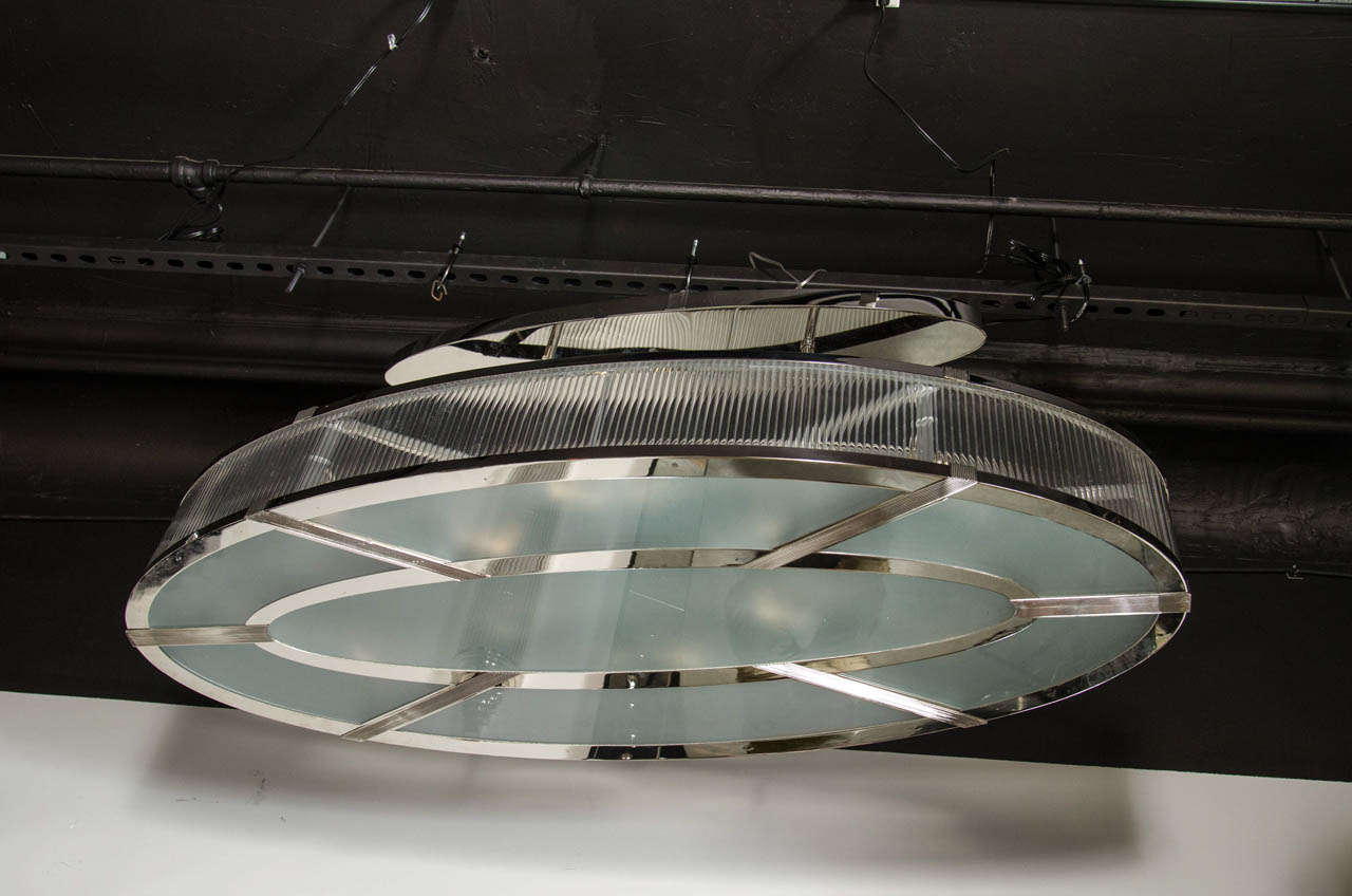 French Art Deco Oval Chandelier in the manner of Petitot in Nickeled Bronze